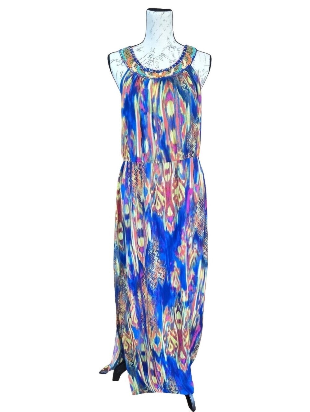 Neiman Marcus Blue Multicolor Ikat Pattern Sleeveless Maxi Dress 10